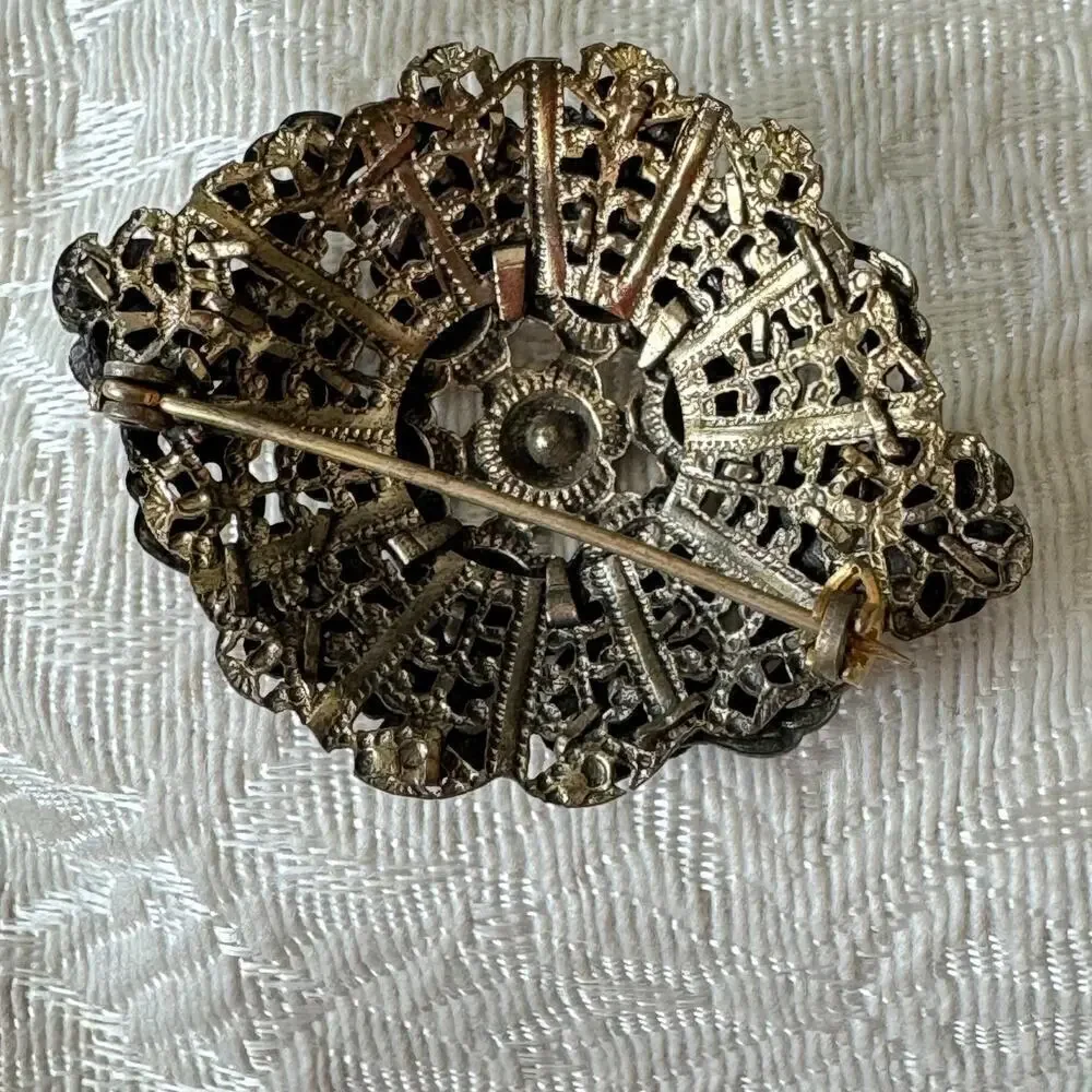 Large 2” 1930s Art Nouveau Vintage Filigree Broach Amber Czech Glass Antique Pin